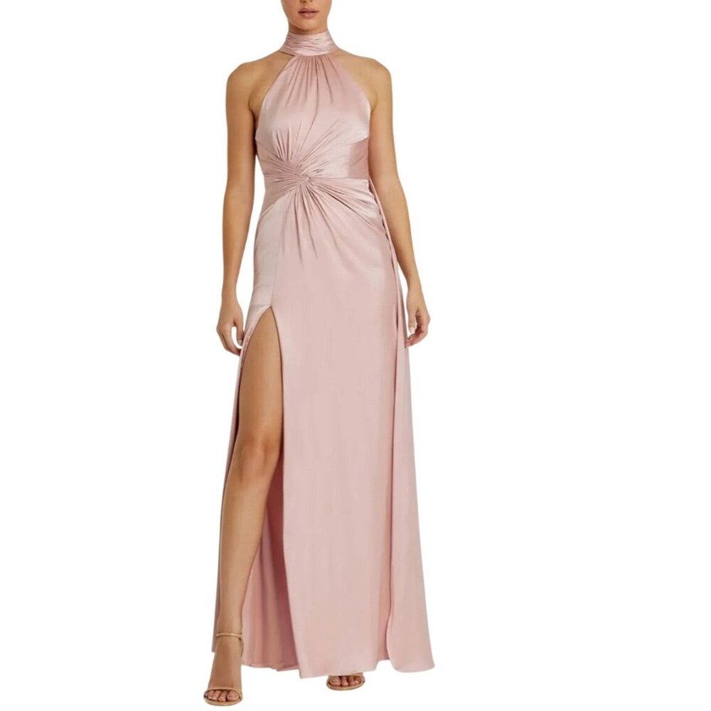Mac Duggal Satin Pink Open Back High Neck Side Ruched Gown Sleeveless Dress Sz 6